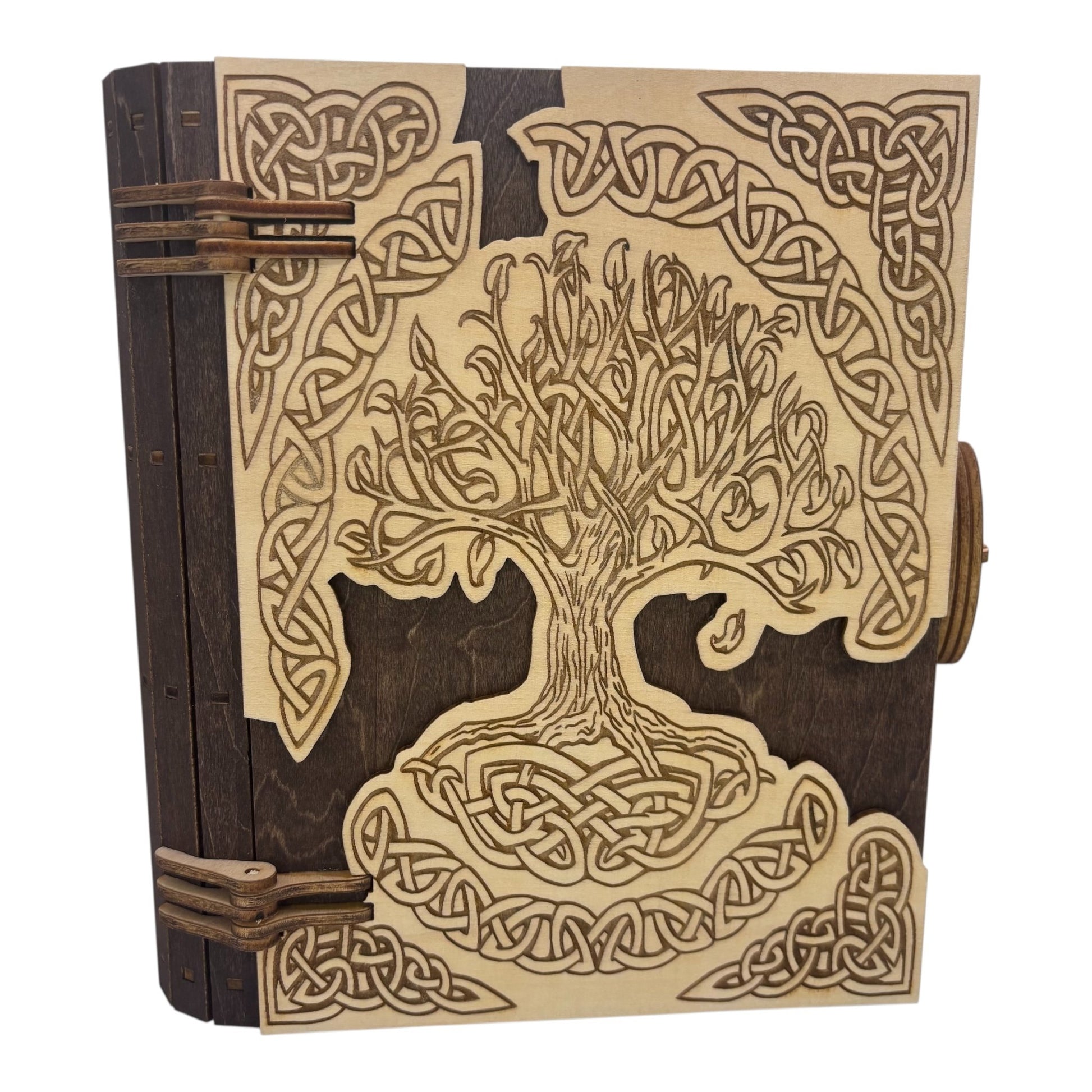 Boite en bois  celtique marron foncéen  forme de livre , avec mécanisme d'ouverture par engrenage possibilité boite à musique pour bijou, secrets ou trésors fabrication francaise et artisanale