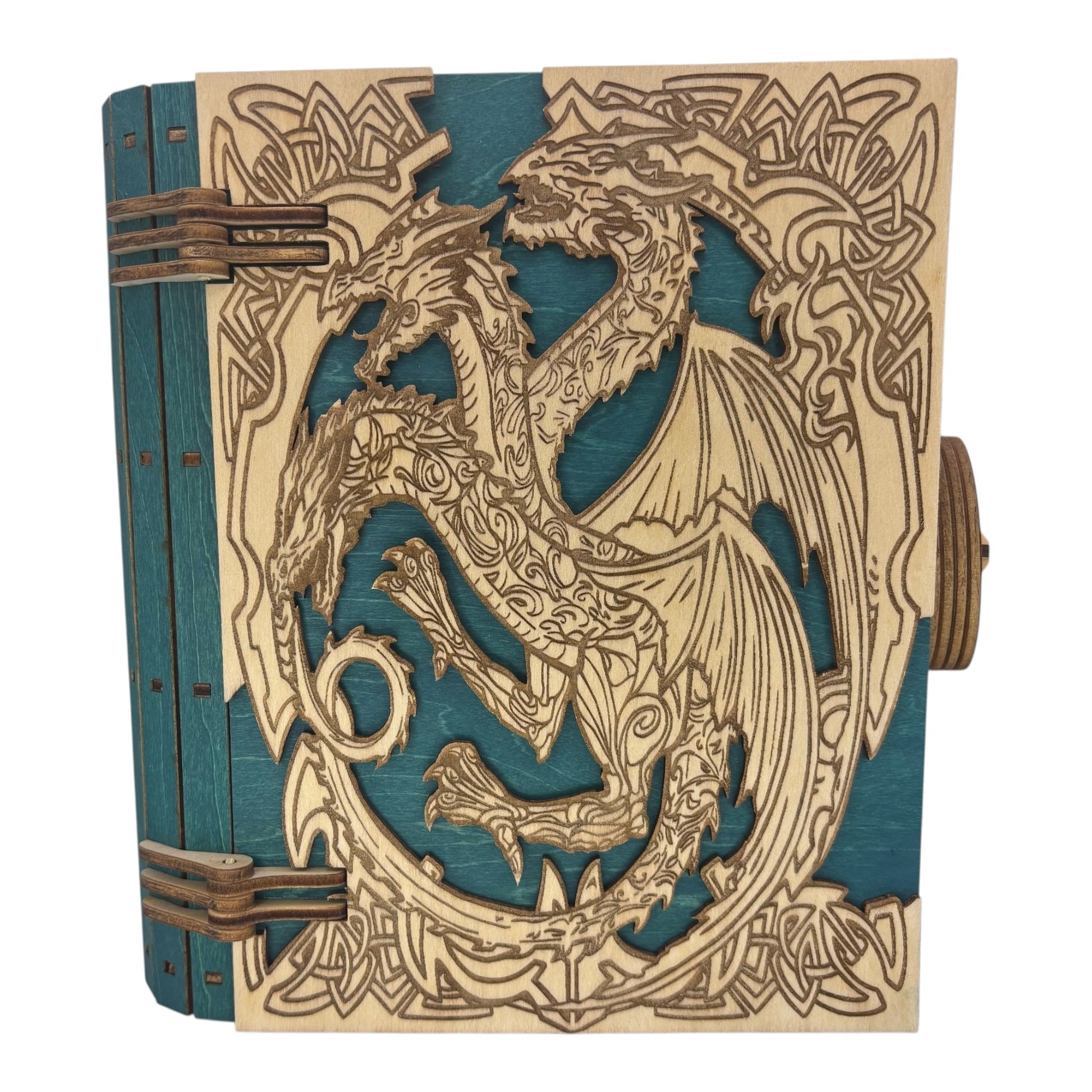 Boite en bois  dragon vert en  forme de livre , avec mécanisme d'ouverture par engrenage possibilité boite à musique pour bijou, secrets ou trésors fabrication francaise et artisanale