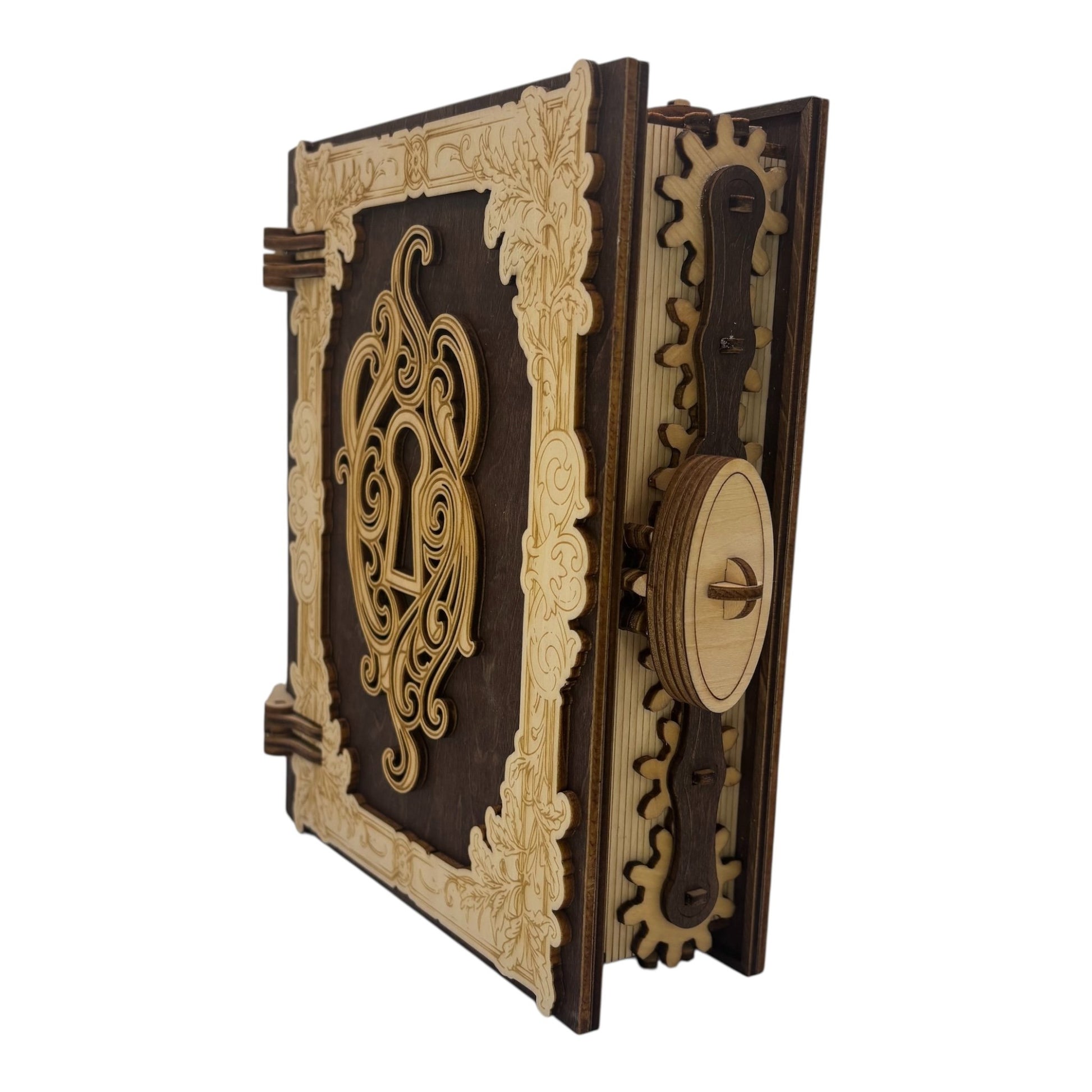 Boite en bois  marron fonce n forme de livre , avec mécanisme d'ouverture par engrenage possibilité boite à musique pour bijou, secrets ou trésors fabrication francaise et artisanale