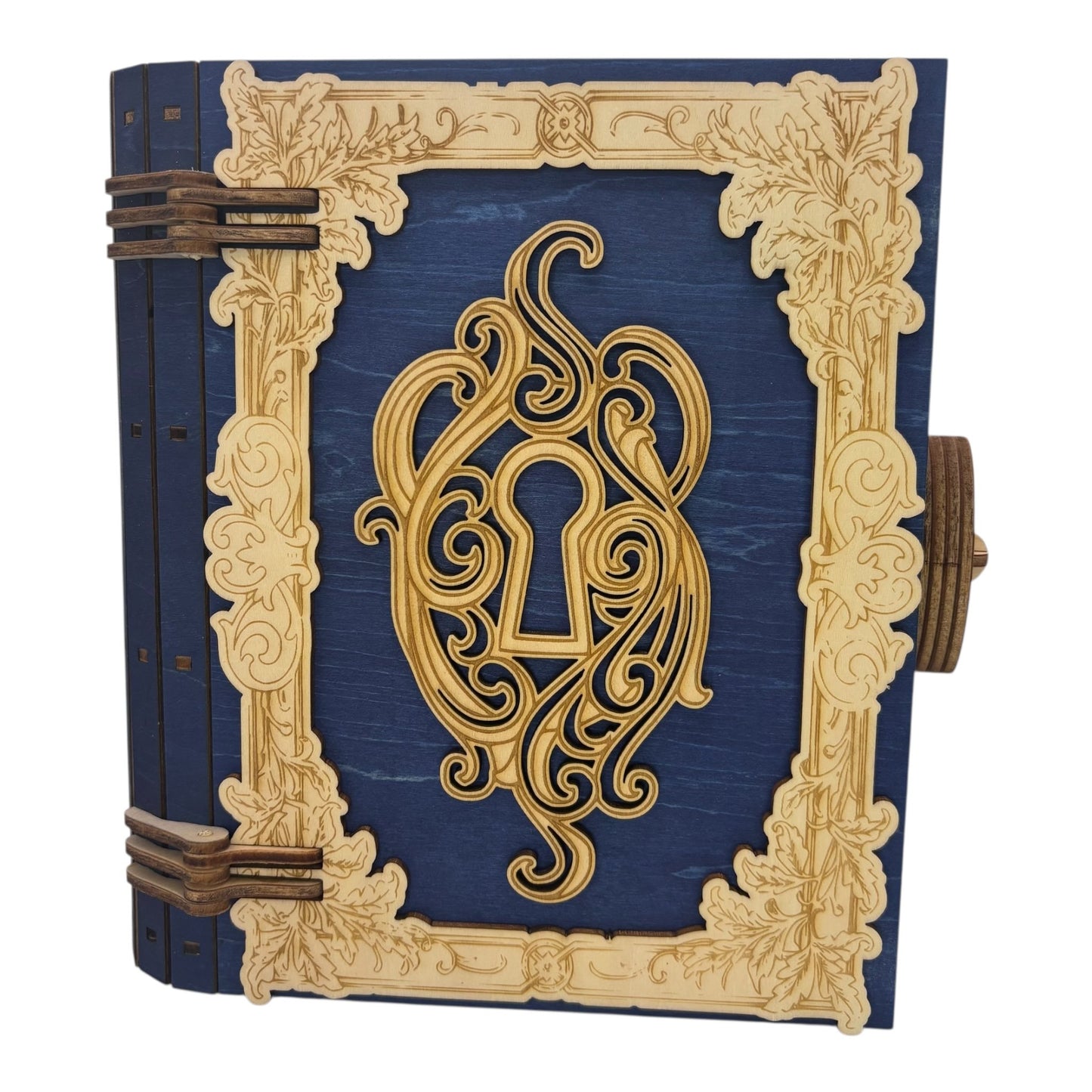 Boite en bois bleu en  forme de livre , avec mécanisme d'ouverture par engrenage possibilité boite à musique pour bijou, secrets ou trésors fabrication francaise et artisanale