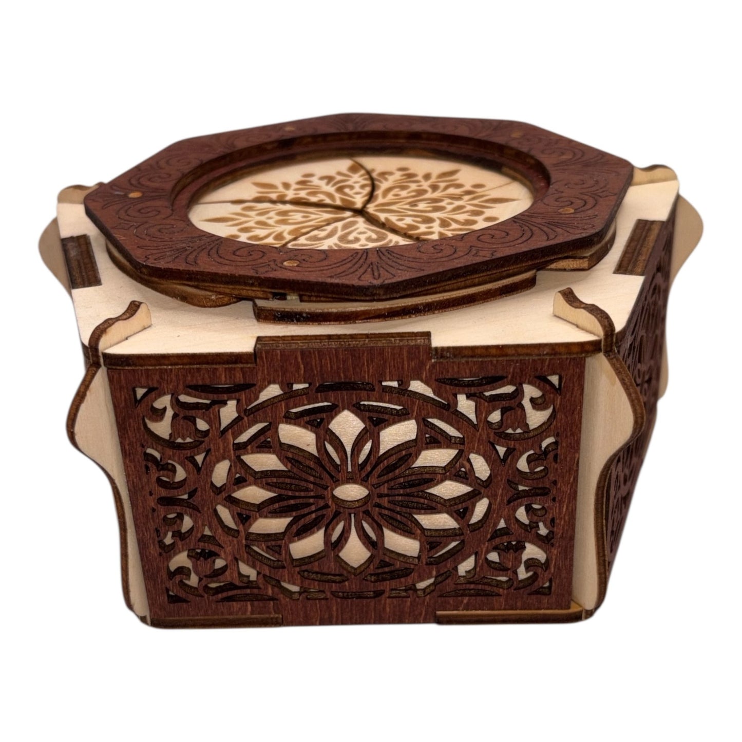 Boite en bois mécanisme avec engrenage par rotation sans casse tete décoration intérieur pour bijoux secrets trésor  fabrication artisanale et francaise en decoupe et gravure laser