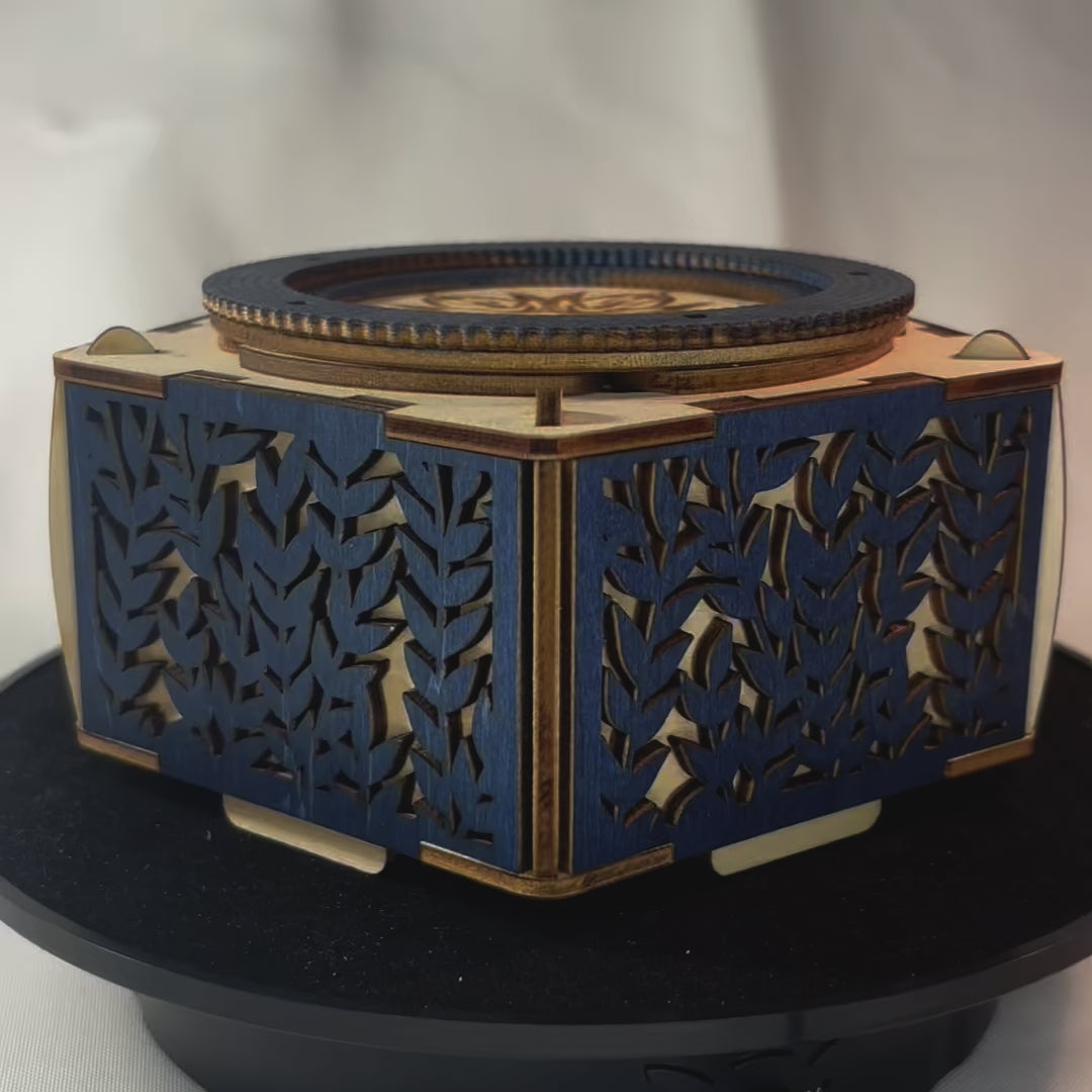 Boite Iris feuille , ouverture à mécanisme par rotation pas de casse tete décoration intérieur , boit bijoux secrets trésors gravure et découpe laser fabrication francaise et artisanale